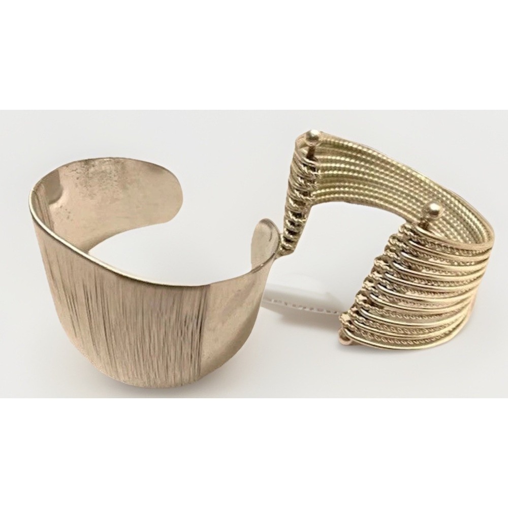VTG Cuff Bracelet Brutalist LOT 2 Silver Metal Textured Wide Statement Retro Set